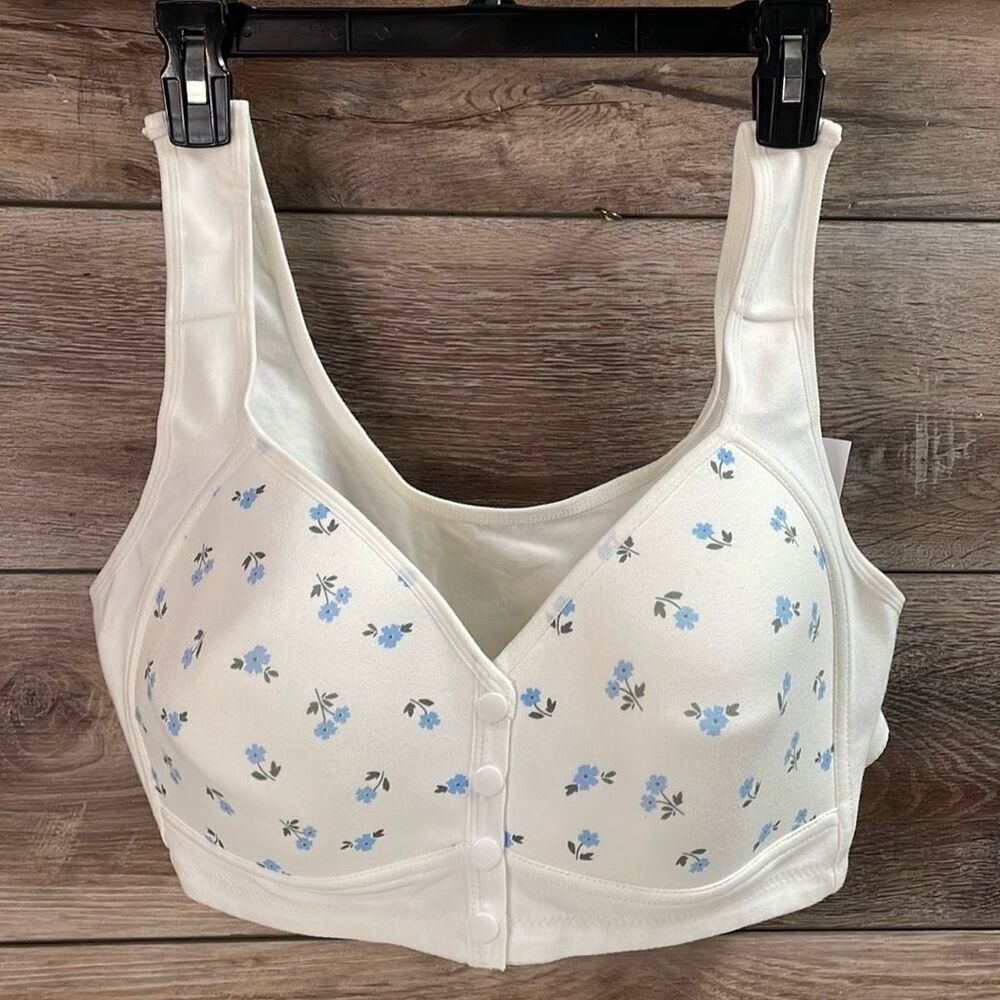 DAISY Front Closure Polyester Cotton White Bra Blue Flowers 3XL 48 / DD (E)